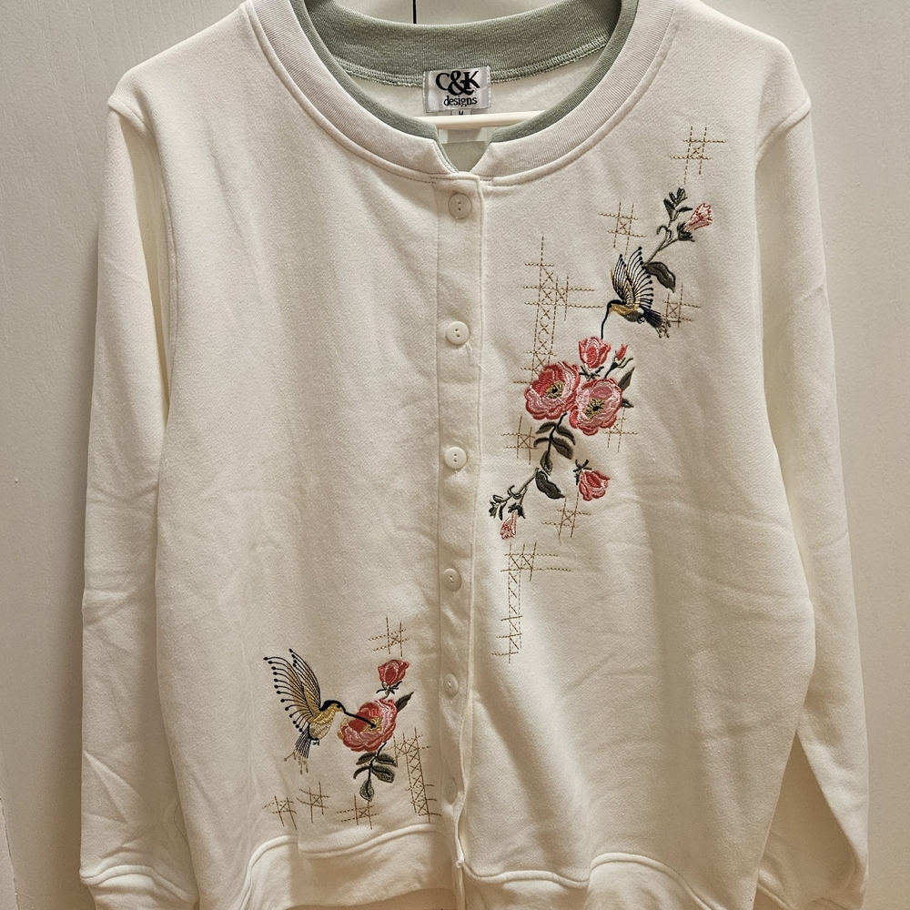 C&K Designs Women's Embroidered  Button Up Floral Cardigan White Pink Green
